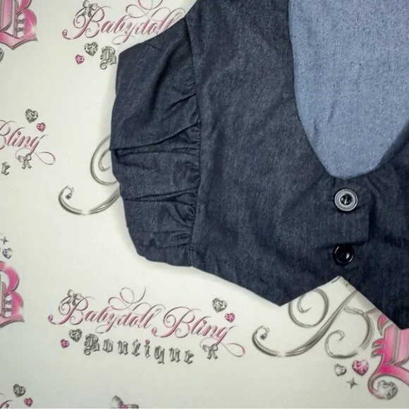 Dots best cardigan denim jean y2k rutched sides navy button up crop tank top - Picture 7 of 7